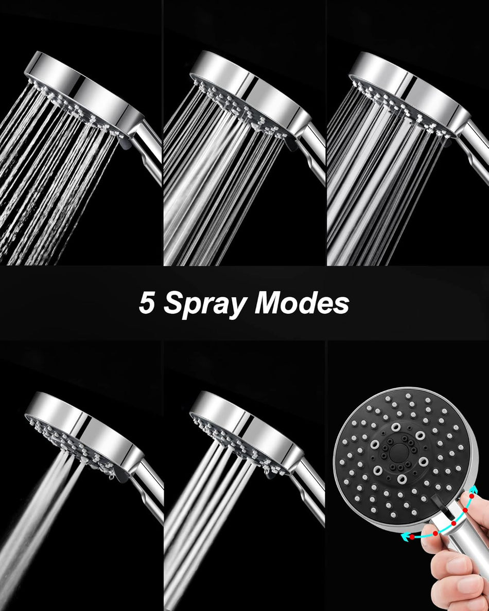 Shower head with 5 spray mode nozzles, handheld wand style, chrome
