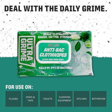 Green UltraGrime anti-bac cloth wipes pack, citrus home fresh scent, kills 99.99% bacteria.