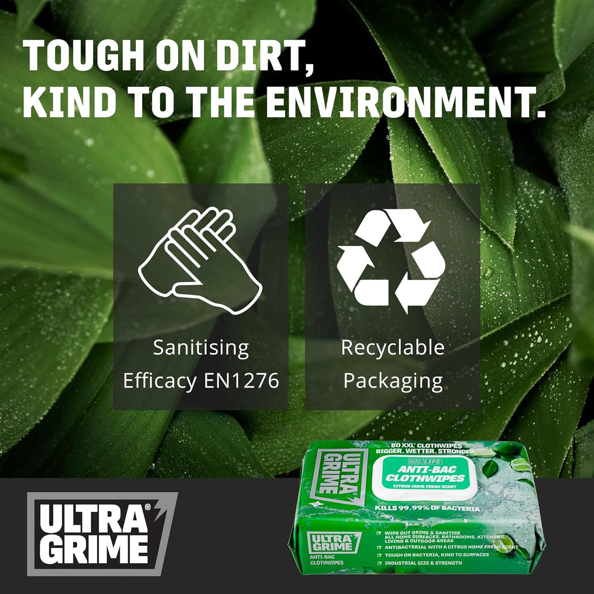 Green UltraGrime anti-bac cloth wipes pack with sanitising and recyclable packaging icons.