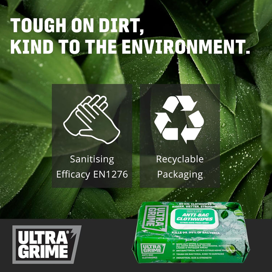 Green UltraGrime anti-bac cloth wipes pack with sanitising and recyclable packaging icons.
