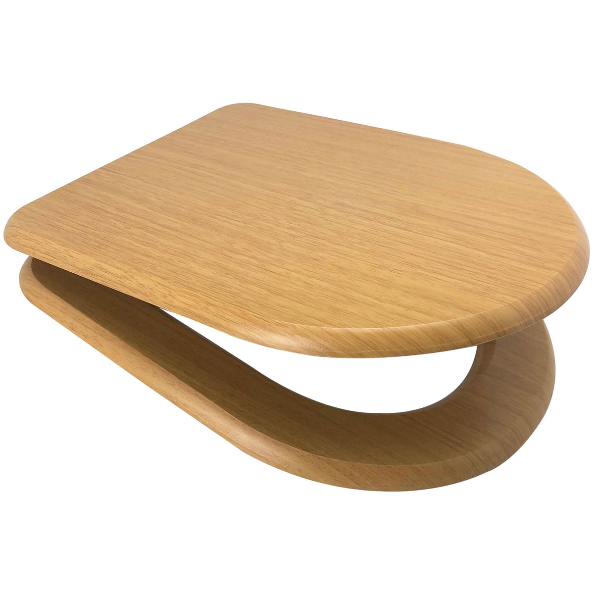 Oak-finish toilet seat with smooth rounded lid, front angled view