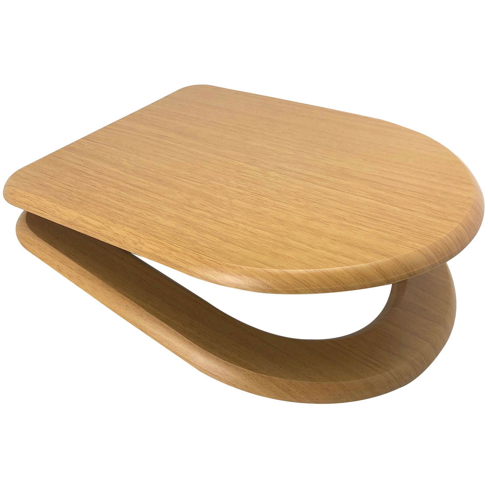 Oak-finish toilet seat with smooth rounded lid, front angled view