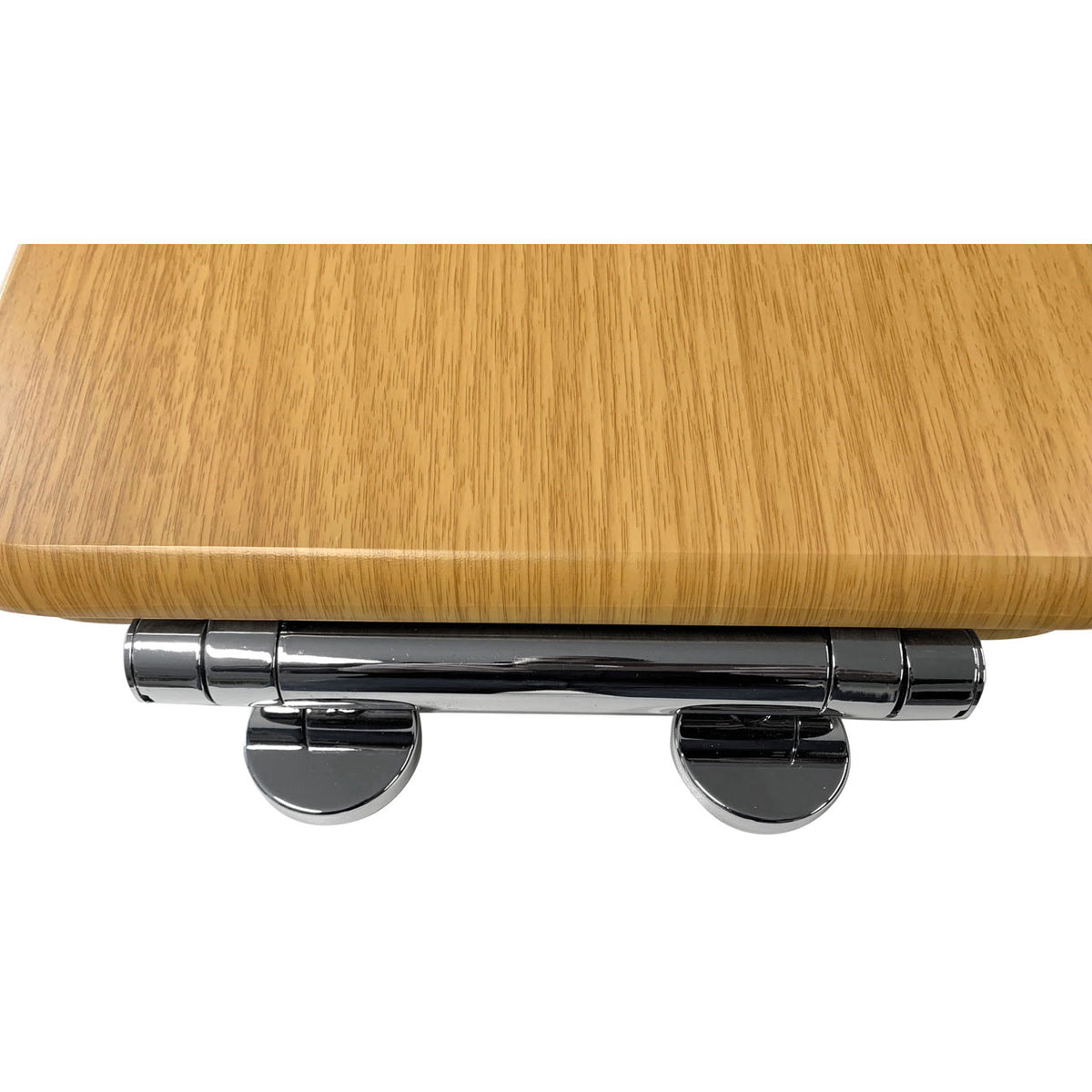 Oak-finish toilet seat hinge with chrome soft-close dampers and metal brackets