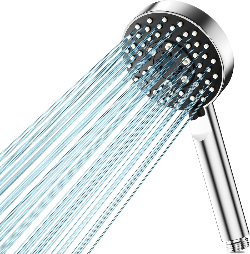 High-pressure shower head with chrome finish and wide face spray holes