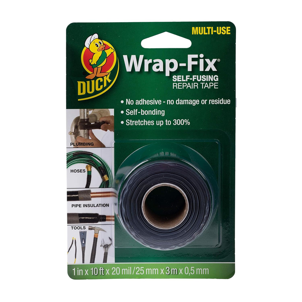 Wrap-Fix self-fusing repair tape roll in green Duck brand package