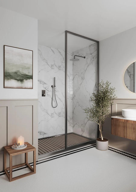 Gunmetal concealed push-button shower valve set mounted on tiled wall