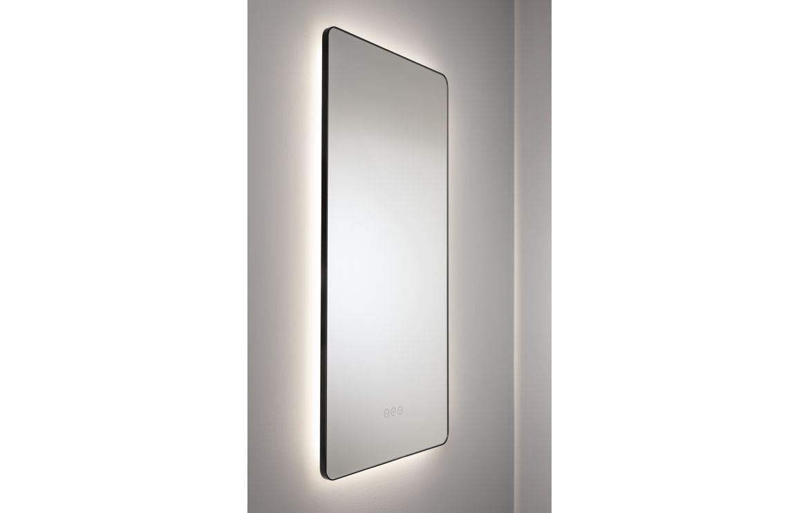 Slim rectangular matt black LED mirror, thin border viewed from the side