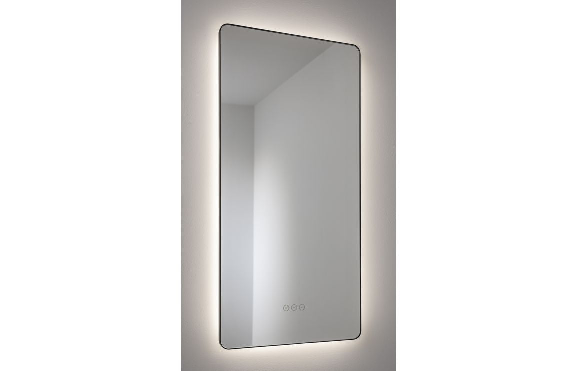 Matt black LED tablet mirror with slim rectangular frame and rounded corners