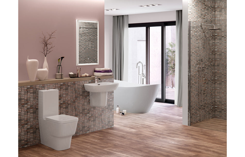 White semi-pedestal basin with faucet, installed view in bathroom