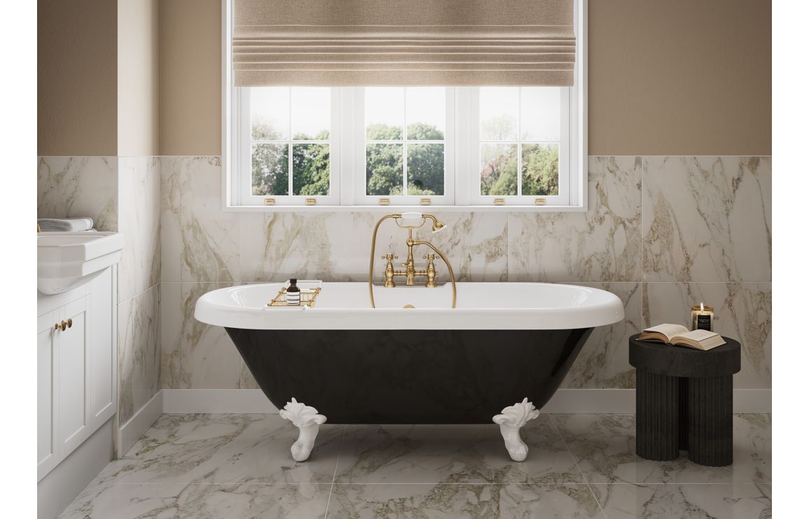 White vanity unit with integrated basin beneath window