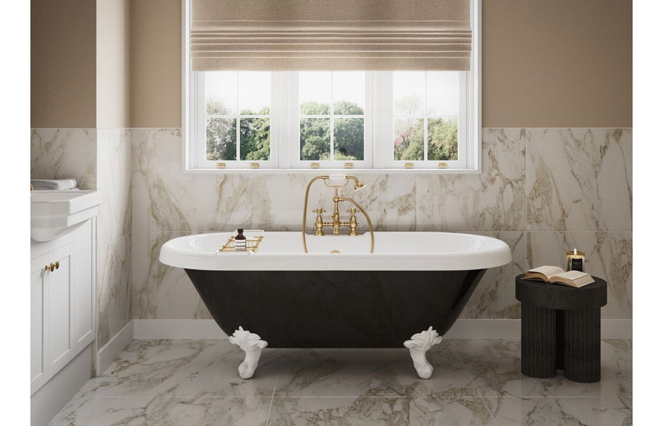 White vanity unit with integrated basin beneath window