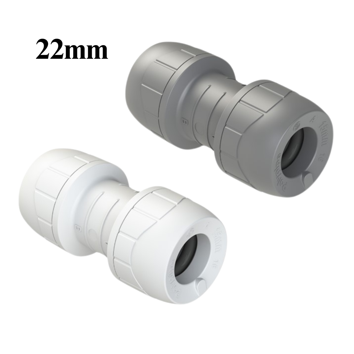 22mm PolyPlumb polybutylene quick-fit coupling set, grey and white
