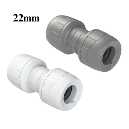 22mm PolyPlumb polybutylene quick-fit coupling set, grey and white