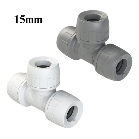 15mm equal tee push-fit poly plumbing fitting, white and grey plastic