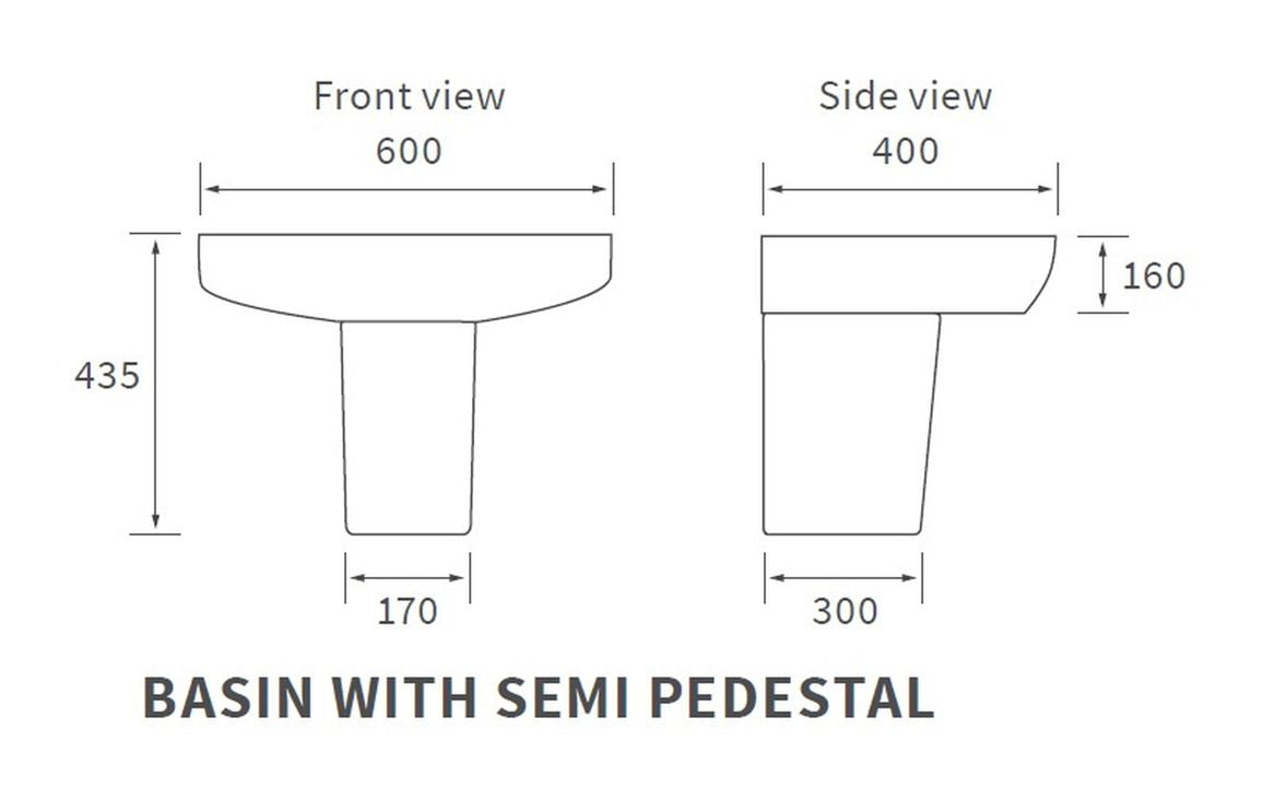 Technical drawing: white semi-pedestal basin, front and side views, 600x400