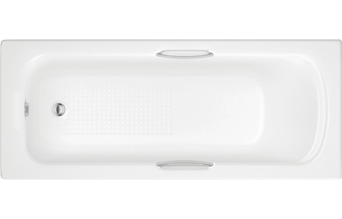 White bathtub with gripped base and side drain/overflow fittings