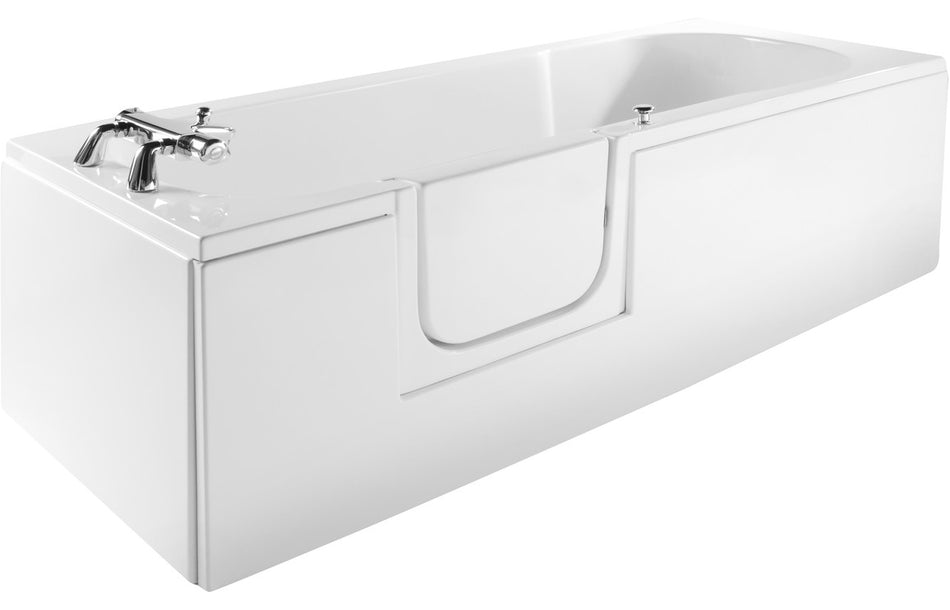 White bath tub with chrome mixer tap, front panel and recessed handhold