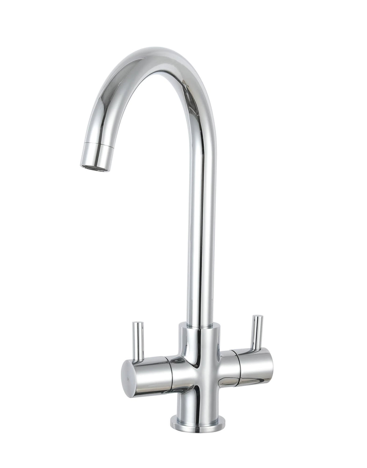 Chrome kitchen mixer tap with tall curved spout and two side handles
