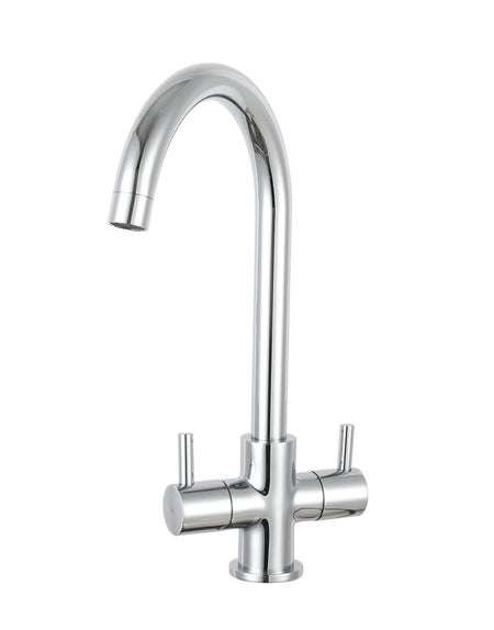 Chrome kitchen mixer tap with tall curved spout and two side handles