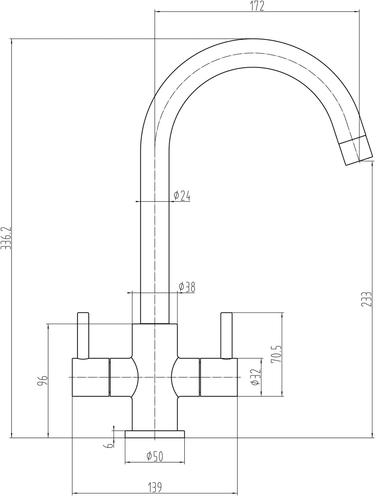 Tap and base dimension drawing for chrome kitchen mixer faucet