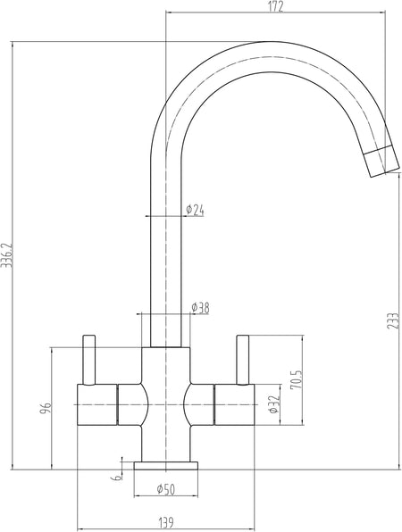 Tap and base dimension drawing for chrome kitchen mixer faucet