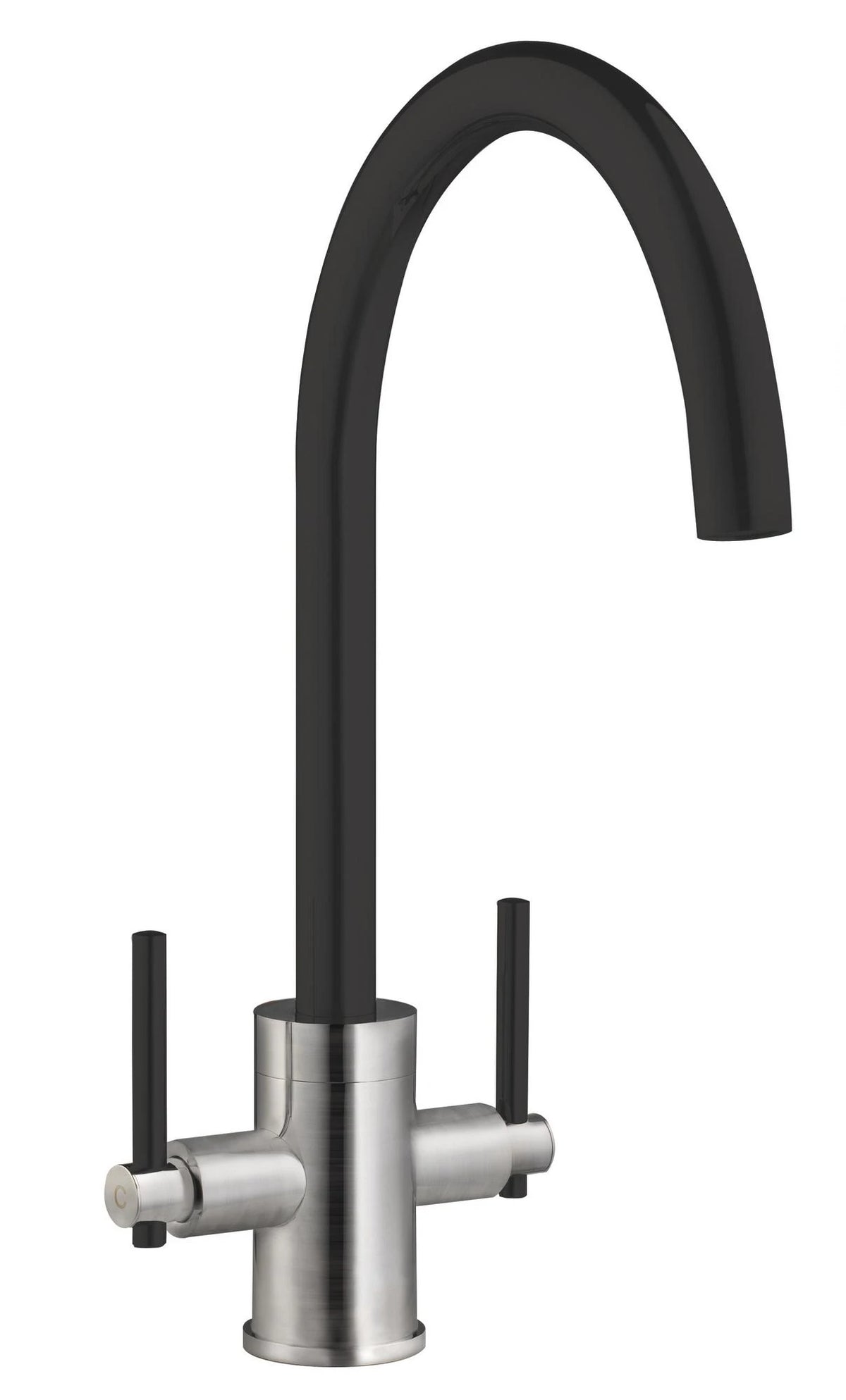 Swan-neck mixer tap with matte black spout and stainless twin handles