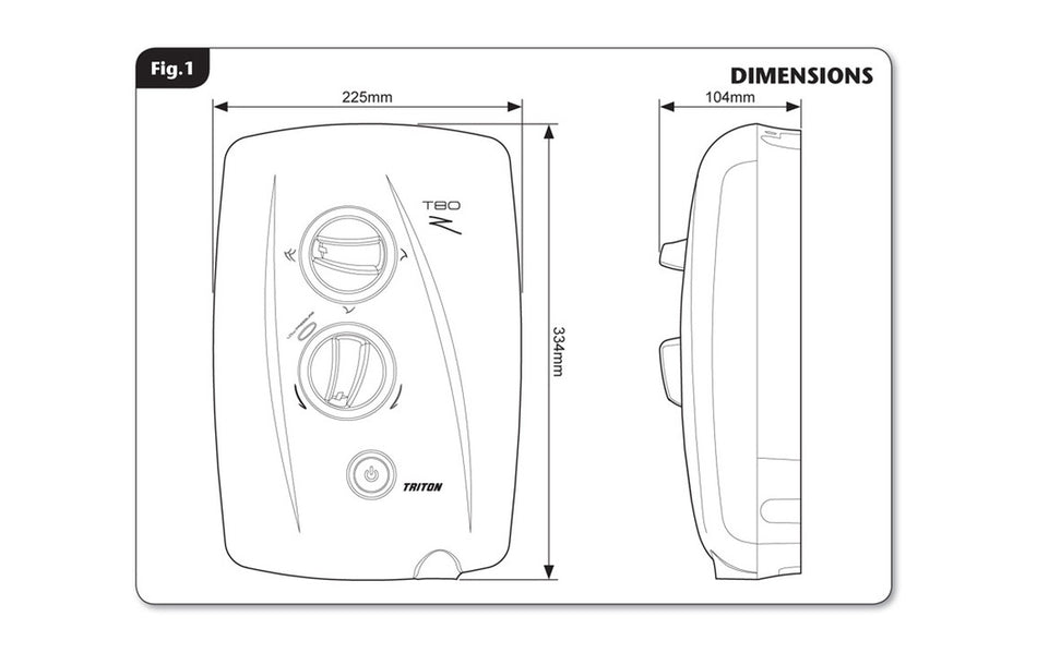 Electric shower dimensions diagram with front and side measurements