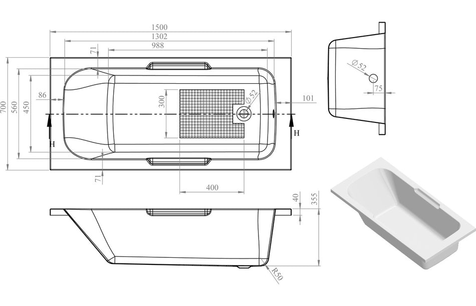White bathtub with legs, top and side technical diagram with faucet area