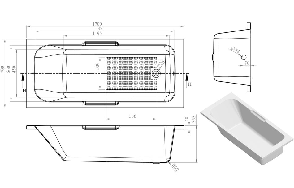 Freestanding bath tub line drawing showing gripped surface and leg supports