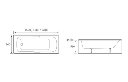 White bathtub with legs, front and side dimension diagrams