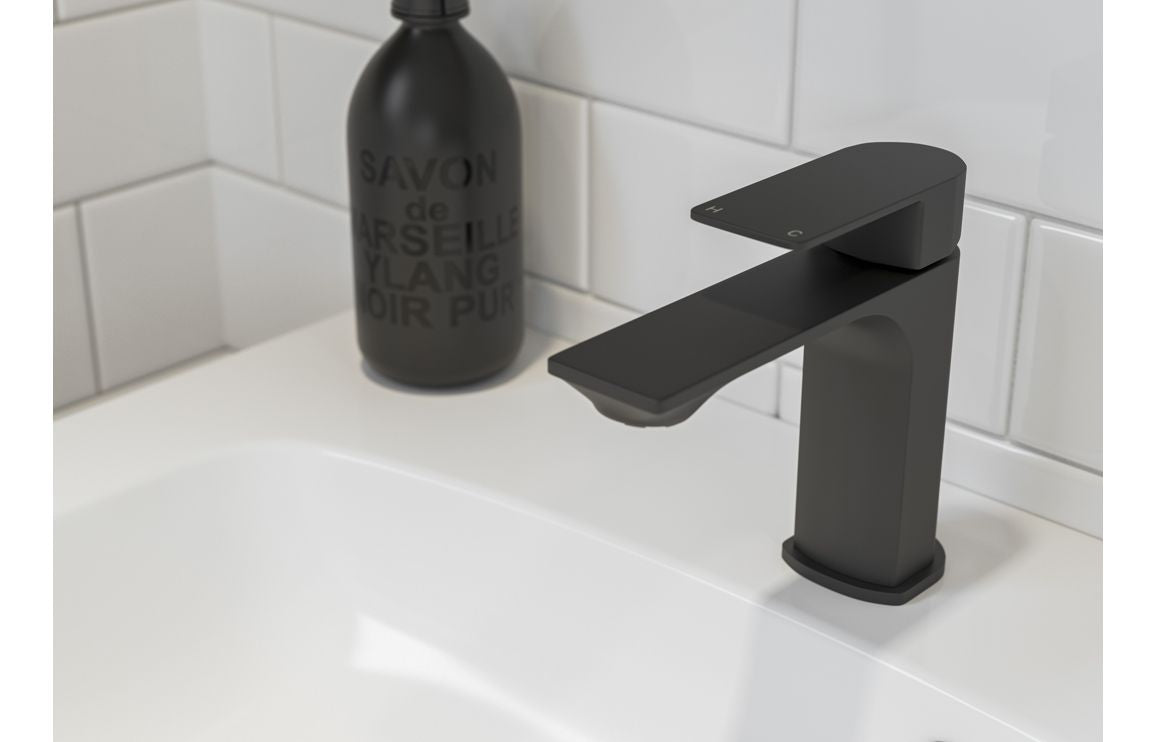 Matt black single-handle basin mixer tap with low rectangular spout