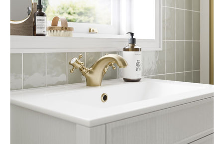 Brushed brass deck-mounted bath shower mixer tap with showerhead
