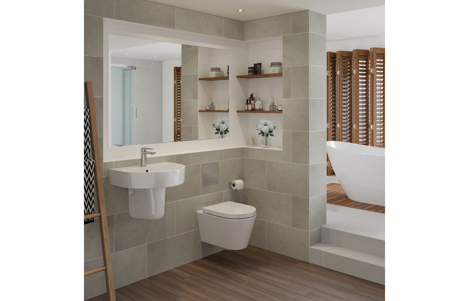 White wall-hung rimless toilet with closed soft-close seat in bathroom