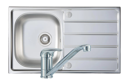 Stainless steel sink with single-lever mixer tap and drainer panel