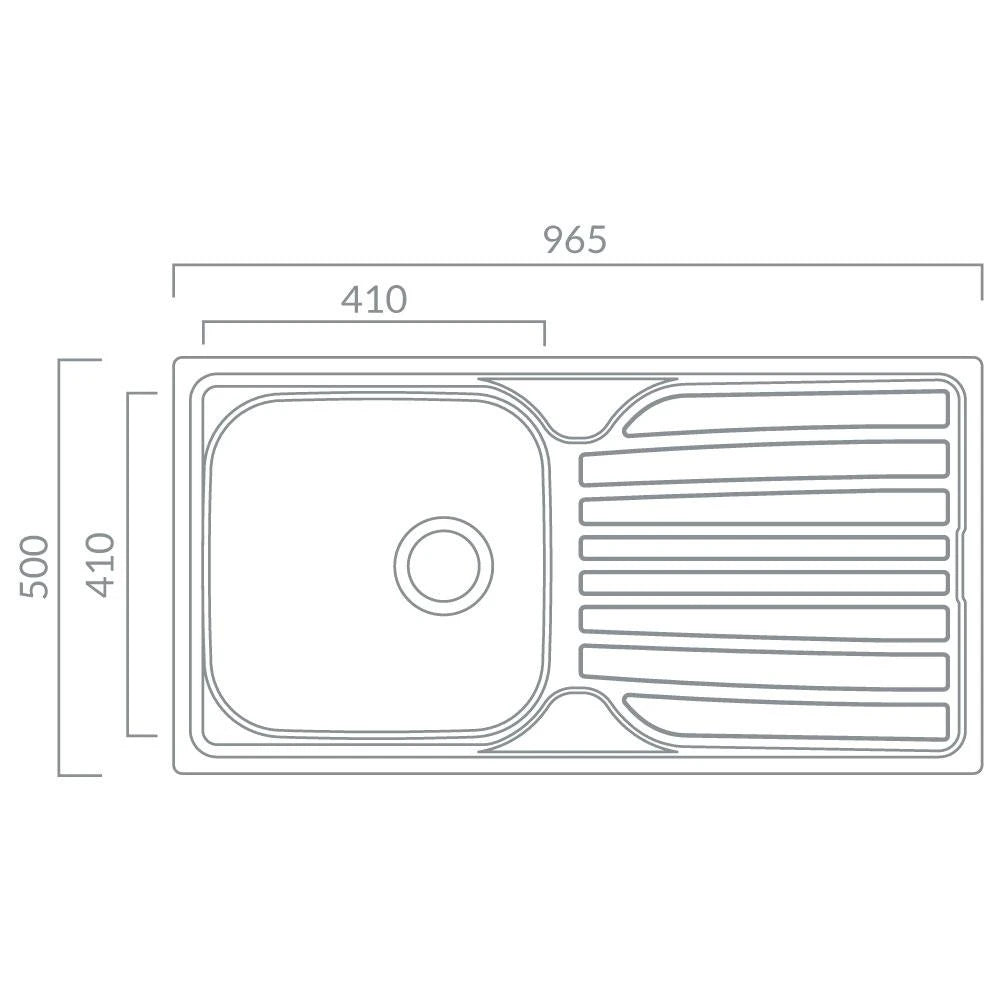 Stainless steel sink cutout layout, 965 x 500 mm with right-side drainer