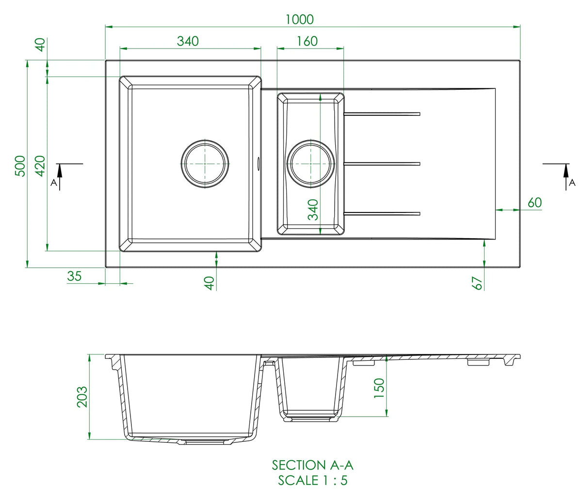 Inset double sink and tap pack technical dimension diagram with section view