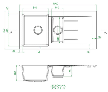 Technical dimension diagram of inset sink and swan-neck mixer tap set