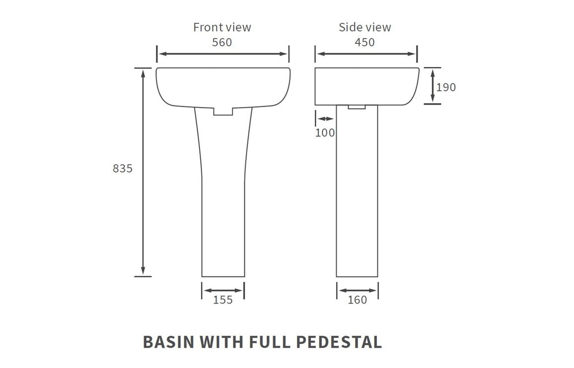 Basin with full pedestal size diagram showing front and side views