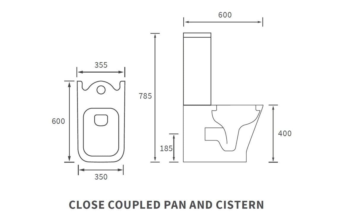 Close coupled pan and cistern dimensions diagram, front and side views