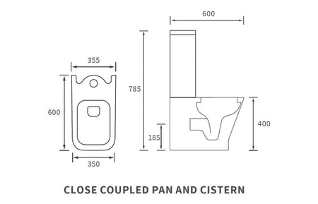 Close coupled pan and cistern dimensions diagram, front and side views