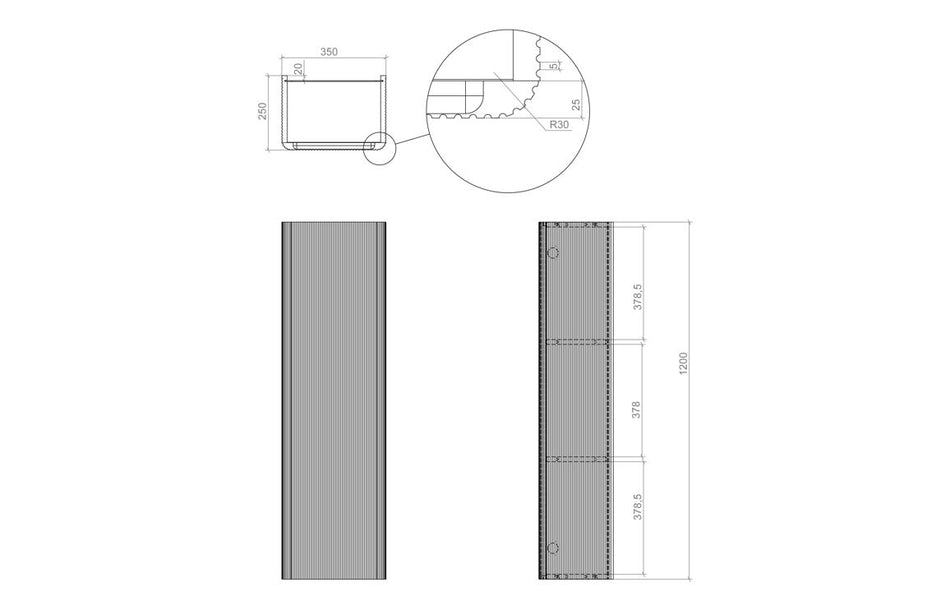 Wall-hung tall cabinet one-door layout with dimension diagram.