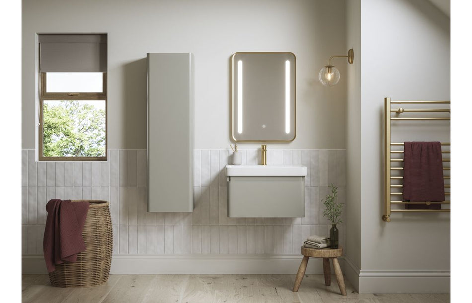 Wall-hung tall cabinet with one door, matte latte body