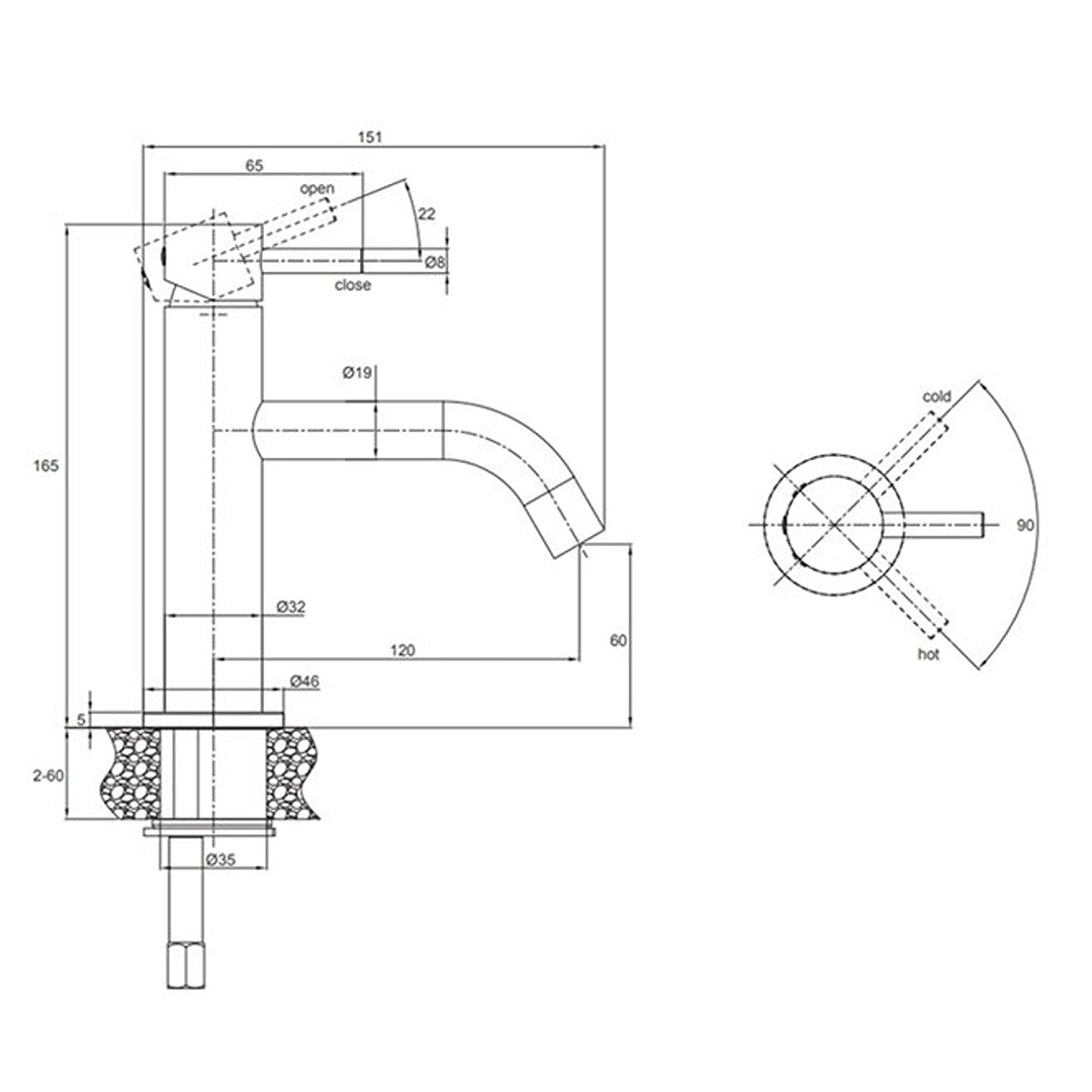 Technical line drawing of a basin mixer tap with dimensions and cold/hot direction