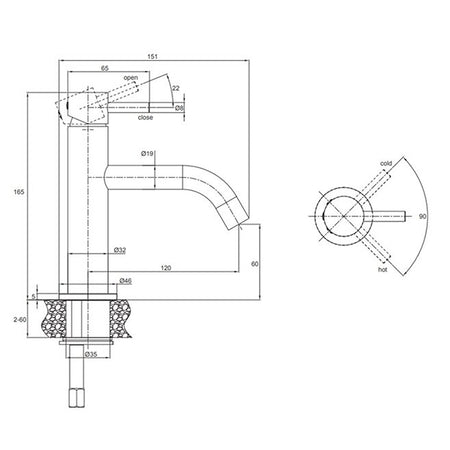 Technical line drawing of a basin mixer tap with dimensions and cold/hot direction