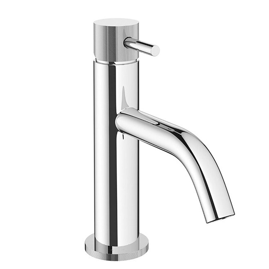 Chrome basin mixer tap with cylindrical body, lever handle, and curved spout