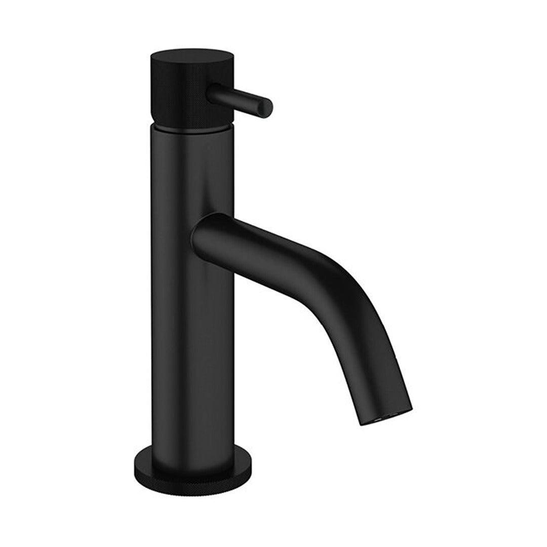 Matt black basin mixer tap with cylindrical body, lever handle, and curved spout