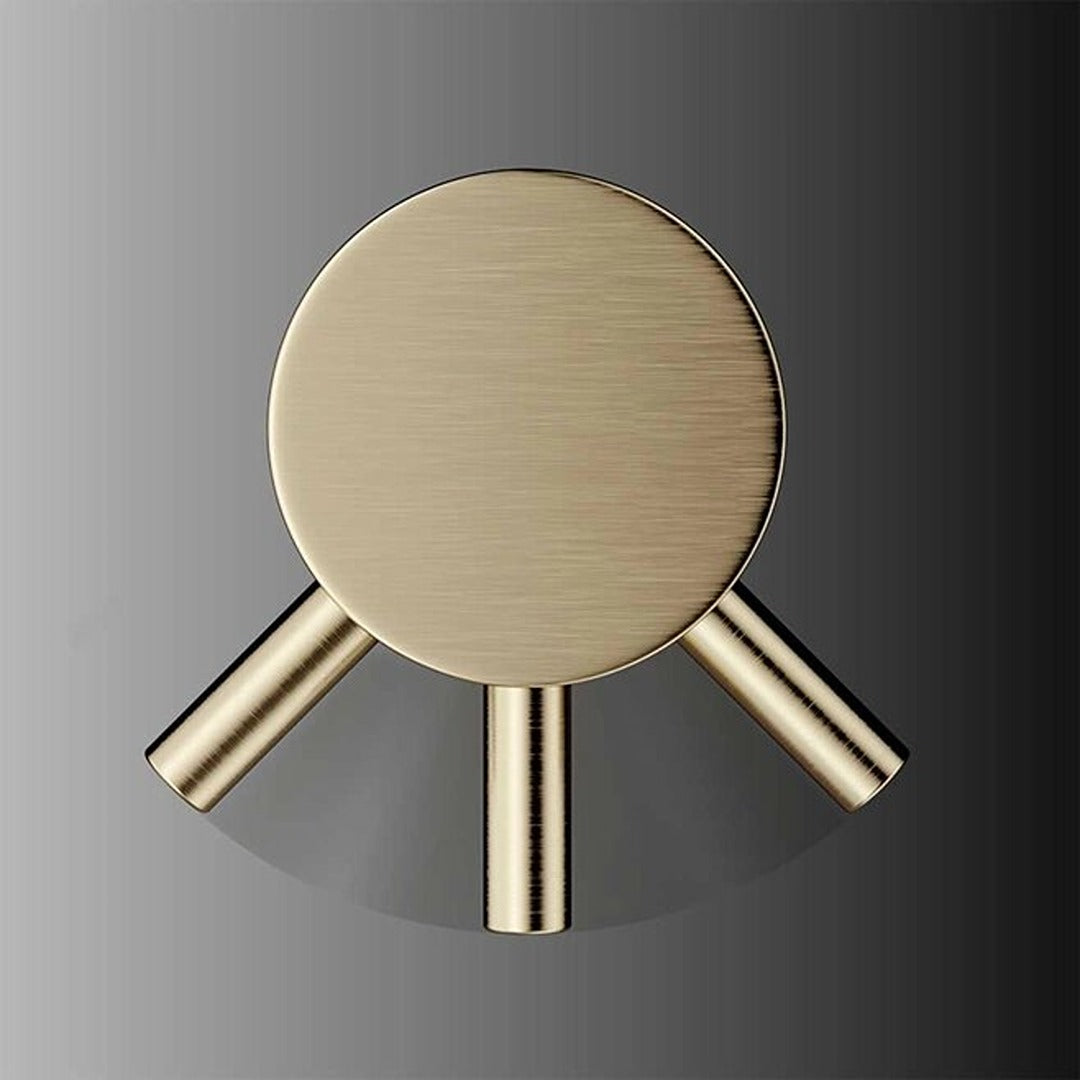 Brushed brass close-up of circular top with three outlet stems