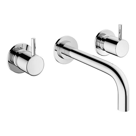 Chrome wall-mounted basin mixer with twin lever handles and curved spout