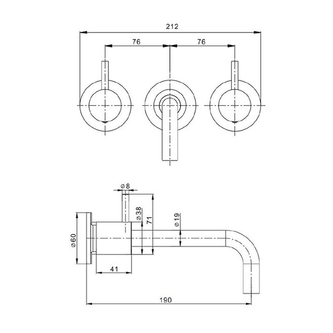 Technical line drawing of wall-mounted basin mixer layout, twin levers and spout