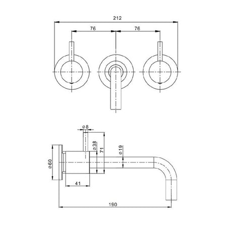 Technical line drawing of wall-mounted basin mixer layout, twin levers and spout